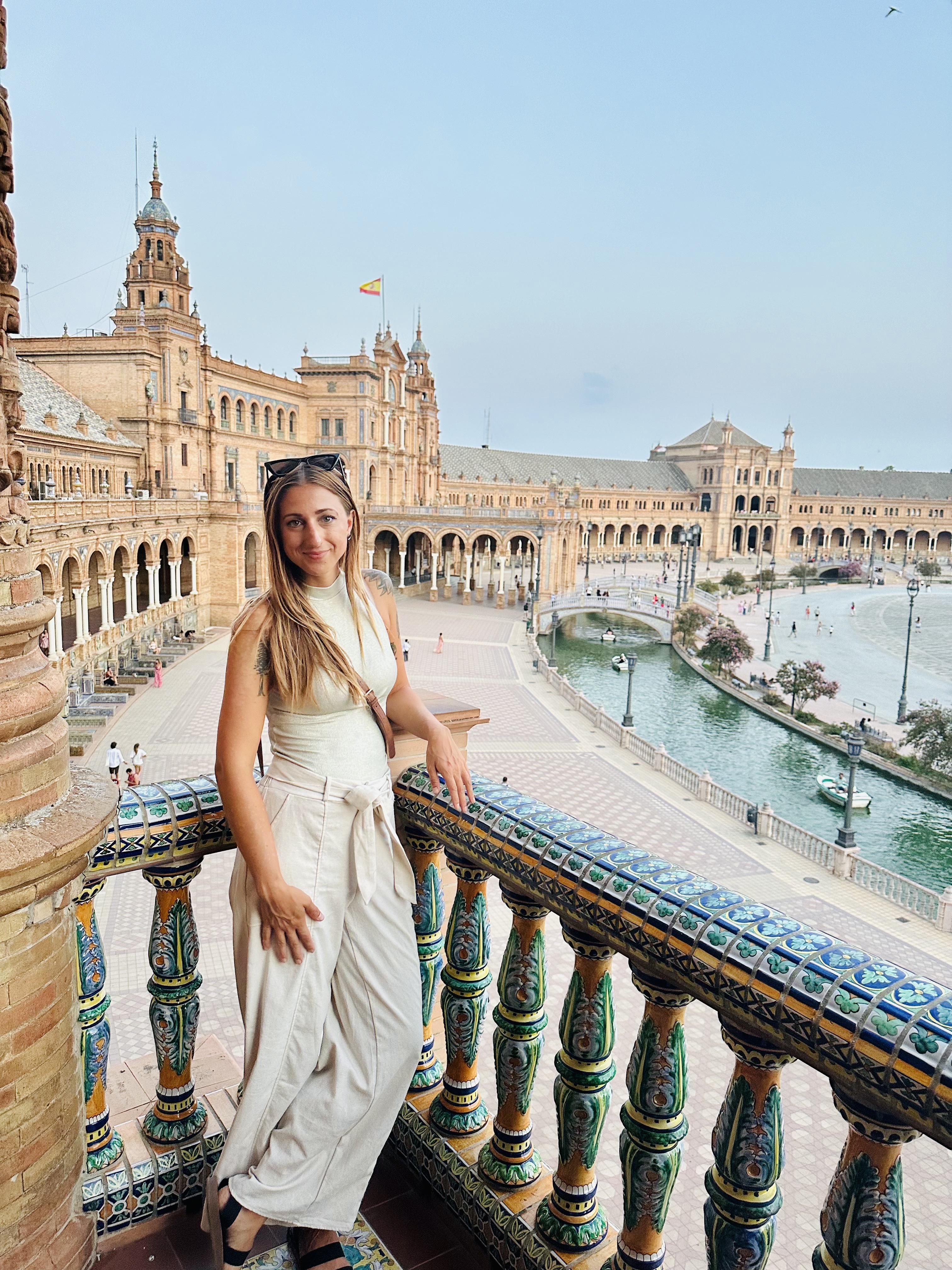 Krystina exploring Plaza de España in Seville, Spain